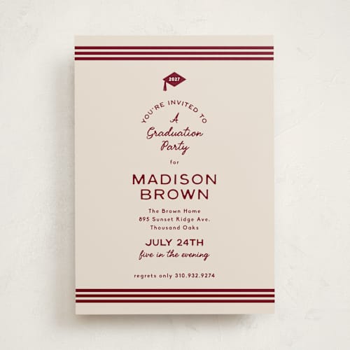This is a maroon graduation invitations with standard by Owl and Toad called little cap printing on signature in standard