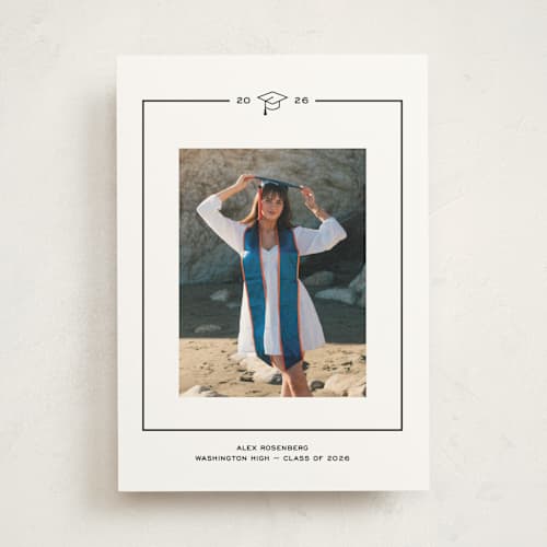 This is a noir graduation announcements with standard by Annie Shapiro called cap frame printing on doublethick in photo_mount