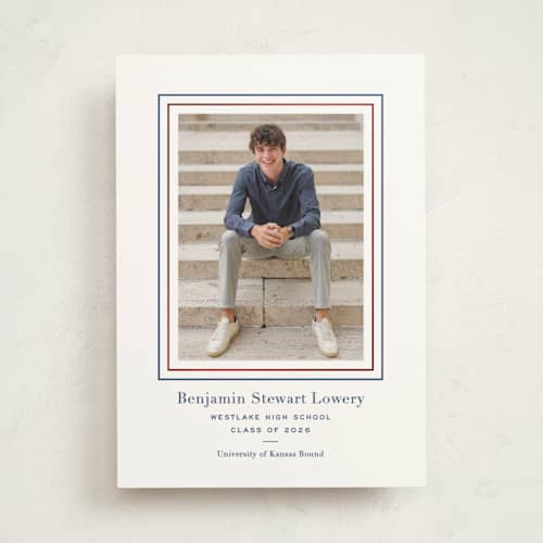 This is a navy graduation announcements with foil pressed by Megan Davis called study printing on recycled in photo_mount