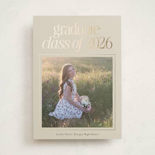 This is a cream graduation announcements with foil pressed by Lori Wemple called graduate aesthetic printing on recycled in photo_mount