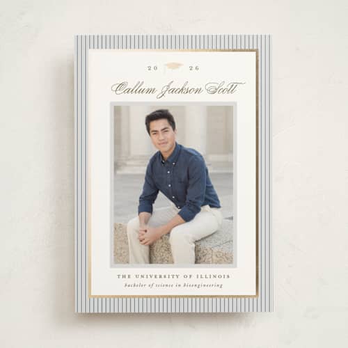 This is a granite graduation announcements with foil pressed by Laura Hankins called pinstripe classic printing on recycled in photo_mount