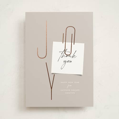 This is a tinsel business holiday cards with foil pressed by Amy Payne called joy note printing on signature in standard