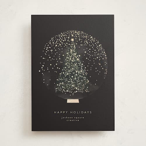 This is a midnight business holiday cards with foil pressed by Lori Wemple called christmas snowglobe printing on signature in standard