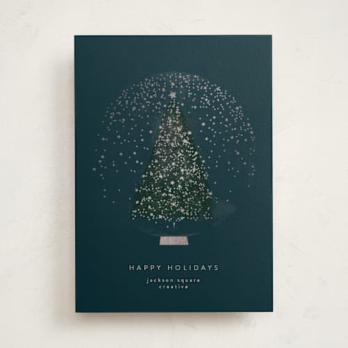 This is a navy business holiday cards with foil pressed by Lori Wemple called christmas snowglobe printing on signature in standard