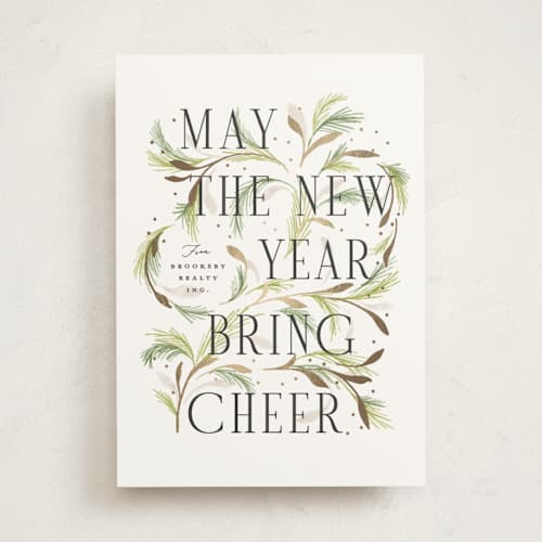 This is a greenery business holiday cards with foil pressed by Erin L. Wilson called flora printing on signature in standard