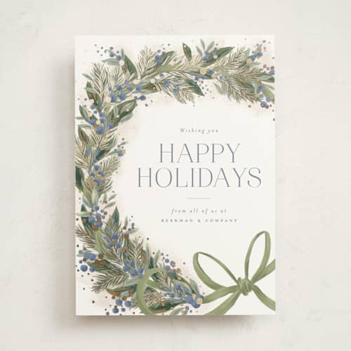 This is a juniper business holiday cards with foil pressed by Jackie Crawford called festive side ribbon wreath printing on signature in standard