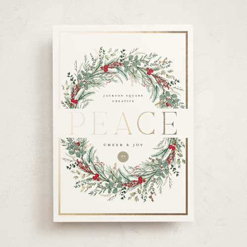 This is a candy cane business holiday cards with foil pressed by Susan Moyal called peace on earth printing on signature in standard