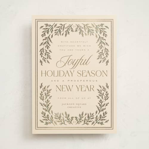 This is a eggnog business holiday cards with foil pressed by Erin German called pine border printing on signature in standard