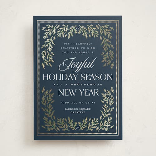 This is a winter night business holiday cards with foil pressed by Erin German called pine border printing on signature in standard