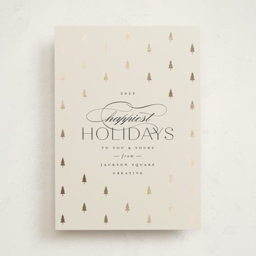 This is a ivory business holiday cards with foil pressed by Carolyn Nicks called joyful trees printing on signature in standard