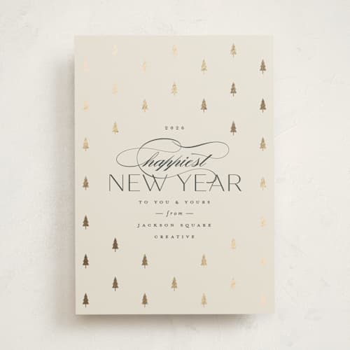 This is a ivory business holiday cards with foil pressed by Carolyn Nicks called joyful trees printing on signature in standard