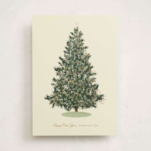 This is a chardonnay business holiday cards with foil pressed by Baumbirdy called pastel tree printing on signature in standard
