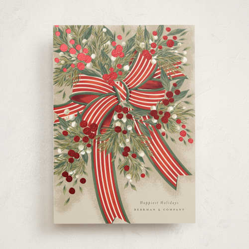 This is a santa business holiday cards with foil pressed by Jackie Crawford called ribbon bouquet printing on signature in standard