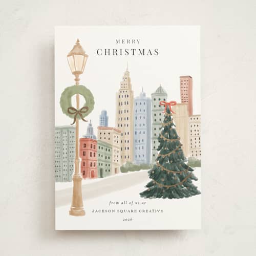 This is a snow business holiday cards with foil pressed by Elly called city printing on signature in standard