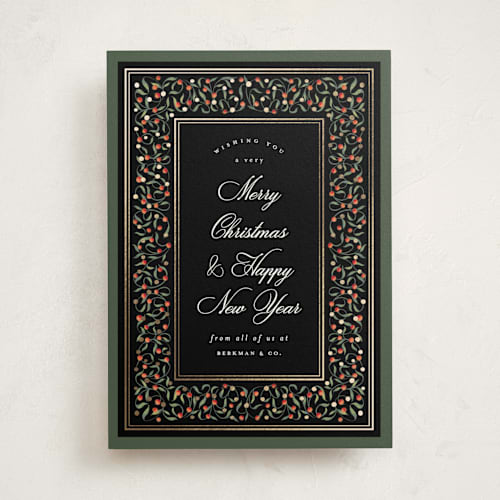 This is a coal business holiday cards with foil pressed by Jackie Crawford called berry frame printing on signature in standard