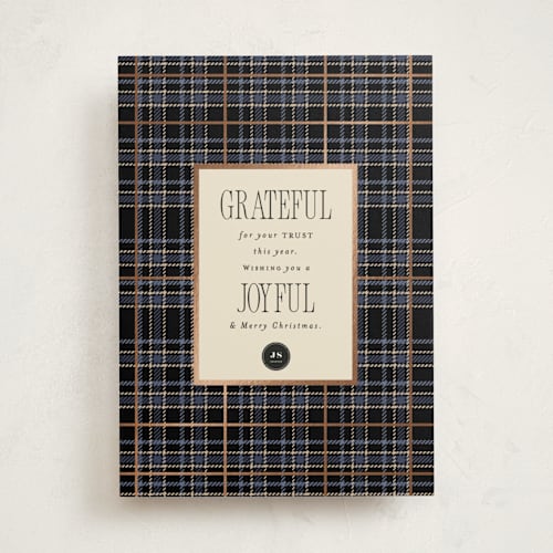 This is a charcoal business holiday cards with foil pressed by Corinne Malesic called grateful plaid printing on signature in standard