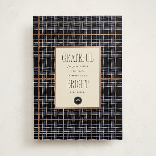 This is a charcoal business holiday cards with foil pressed by Corinne Malesic called grateful plaid printing on signature in standard