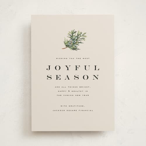This is a putty business holiday cards with standard by Olivia Kanaley Inman called juniper sprig printing on signature in standard