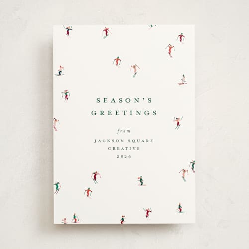 This is a forest business holiday cards with standard by Ellen Schlegelmilch called festive skiers printing on signature in standard