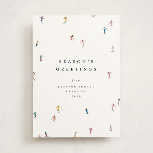 This is a multi business holiday cards with standard by Ellen Schlegelmilch called festive skiers printing on signature in standard
