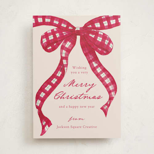 This is a cranberry business holiday cards with standard by ForeverPrint called tartan bow printing on signature in standard