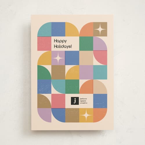 This is a champagne business holiday cards with standard by Igor called joyful geometry printing on signature in standard