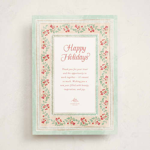 This is a mint business holiday cards with standard by Kamala Nahas called botanical border printing on signature in standard