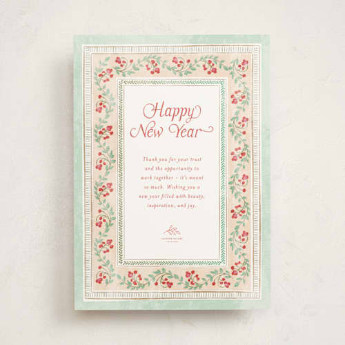 This is a mint business holiday cards with standard by Kamala Nahas called botanical border printing on signature in standard