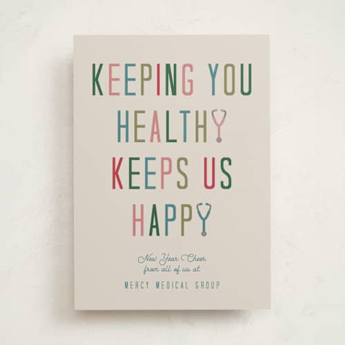 This is a cheerful business holiday cards with standard by Deborah Chou called healthy and happy printing on signature in standard