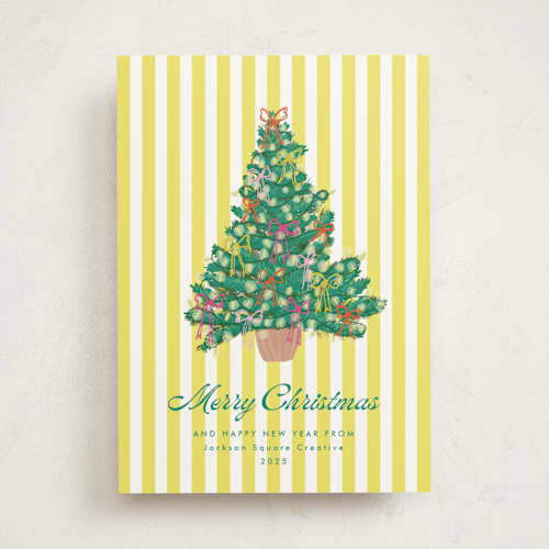This is a chartreuse business holiday cards with standard by Erika Firm called lobby bow tree printing on signature in standard