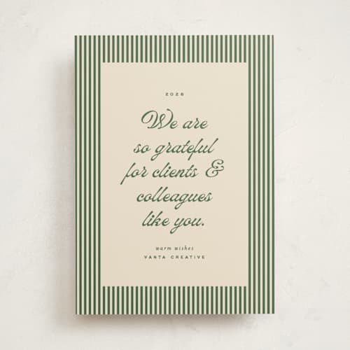 This is a pine business holiday cards with standard by Ellen Schlegelmilch called pinstriped border printing on signature in standard