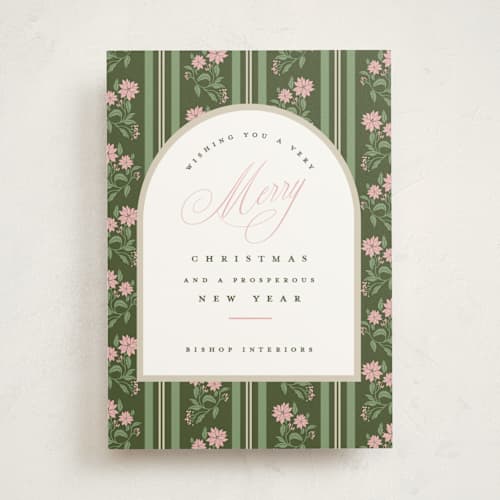 This is a winter rose business holiday cards with standard by Susan Zinader called poinsettia stripe wallpaper printing on signature in standard