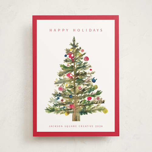 This is a scarlet business holiday cards with standard by Nicole Walsh called watercolor tree printing on signature in standard