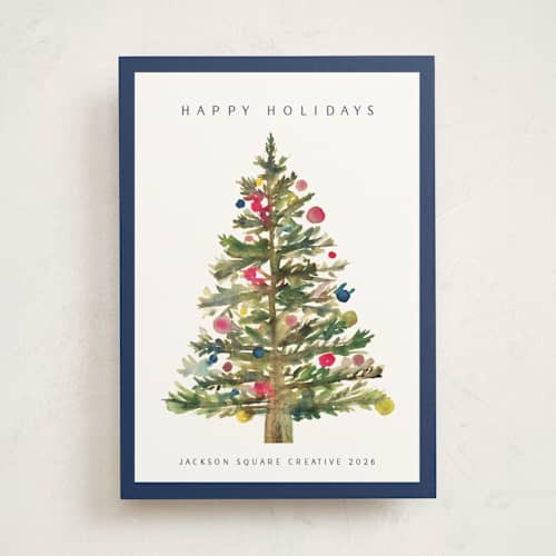 This is a navy business holiday cards with standard by Nicole Walsh called watercolor tree printing on signature in standard
