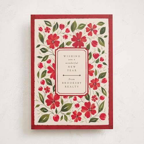 This is a poinsettia business holiday cards with standard by Erin L. Wilson called florale printing on signature in standard