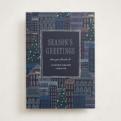 This is a midnight business holiday cards with standard by Pixel and Hank called holiday city printing on signature in standard