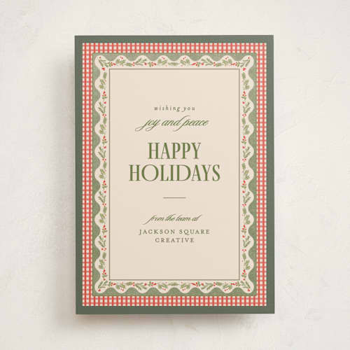 This is a santa suit business holiday cards with standard by Creo Study called festive heritage printing on signature in standard