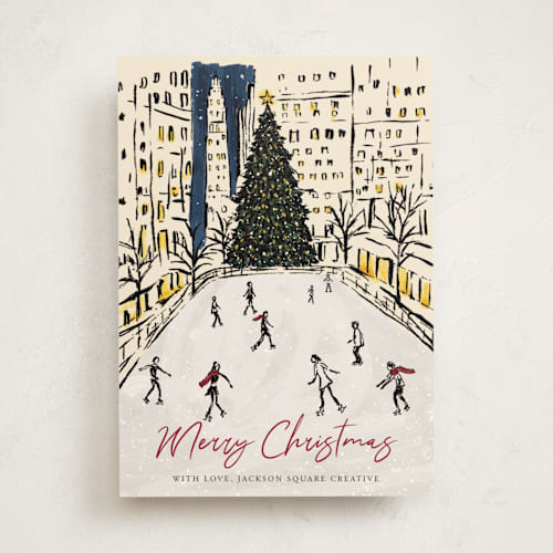 This is a champagne business holiday cards with standard by Cass Loh called city skaters printing on signature in standard