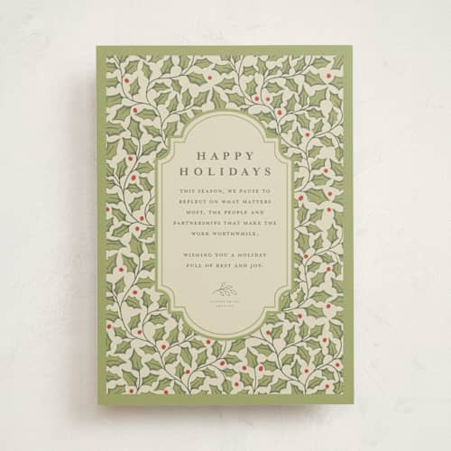 This is a holly business holiday cards with standard by Diana Pinnell called winter botanicals printing on signature in standard