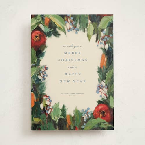 This is a frasier fir business holiday cards with standard by Wendy Keller called winter fruit printing on signature in standard