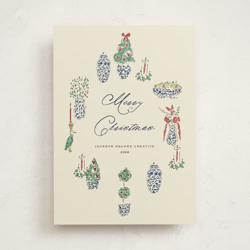 This is a ivory business holiday cards with standard by Sarah Rosenthal called porcelain & spruce printing on signature in standard