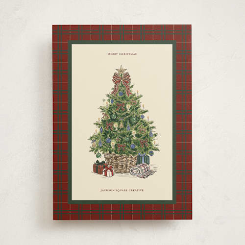This is a holly berry business holiday cards with standard by Jenna Holcomb called tartan tree printing on signature in standard