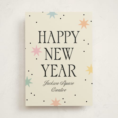 This is a cream business holiday cards with standard by Robert and Stella called new year stars printing on signature in standard