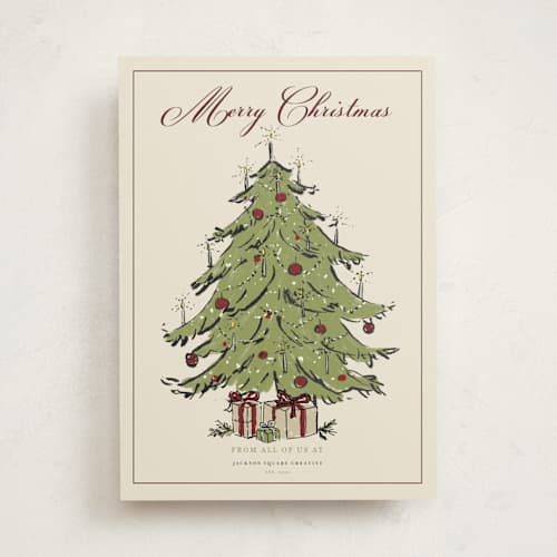 This is a lime business holiday cards with standard by Cass Loh called nostalgic tree printing on signature in standard
