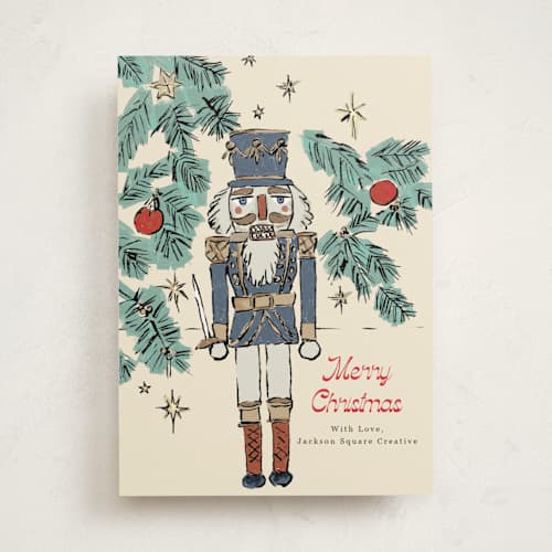 This is a blue spruce business holiday cards with standard by Cass Loh called nutcracker wishes printing on signature in standard