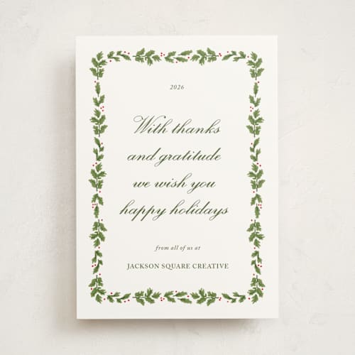 This is a pine business holiday cards with standard by Angela Garrick called greens and gratitude printing on signature in standard