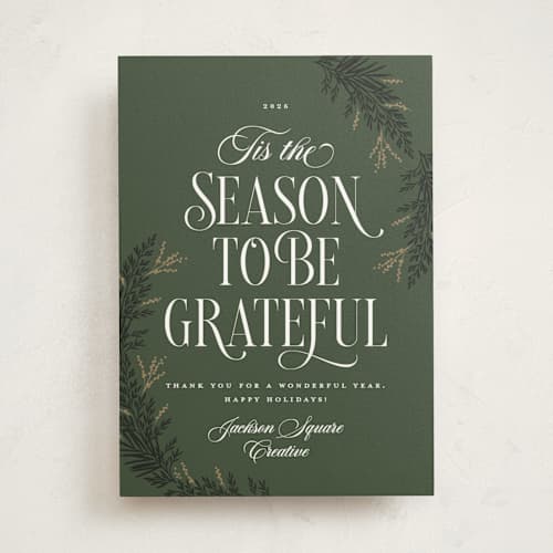 This is a pine business holiday cards with standard by Robert and Stella called gratitude season printing on signature in standard