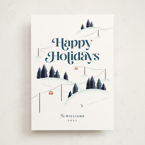 This is a navy business holiday cards with standard by Robert and Stella called happy hills printing on signature in standard