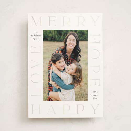 This is a snow gloss press holiday cards with gloss press by Lehan Veenker called framed in love printing on signature in standard