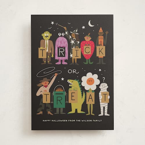 This is a chalkboard halloween party invitations cards with standard by Morgan Ramberg called trick or treaters printing on signature in standard